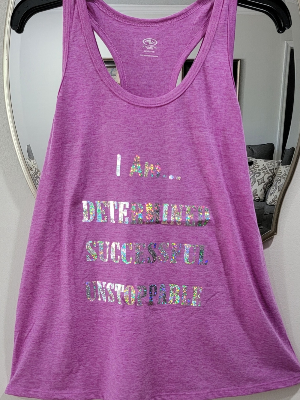 Athletic Works Purple Racerback Tank with Holographic Motivational Text